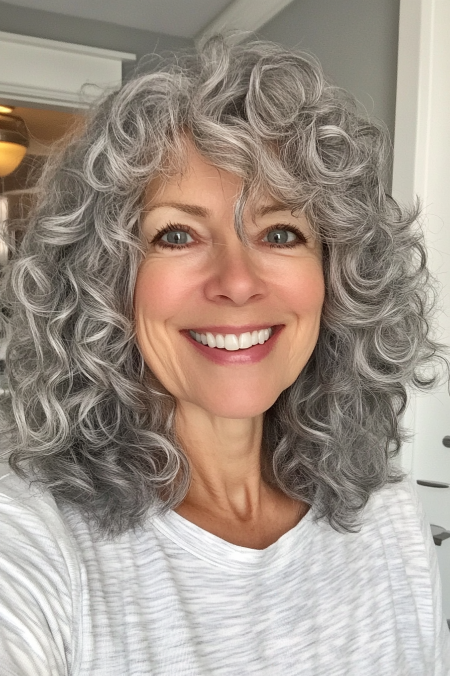 3. Shaggy Curly Layers with Silver Gray (Curly Hairstyles For Older Women) - Curly Hairstyles For Older Women
