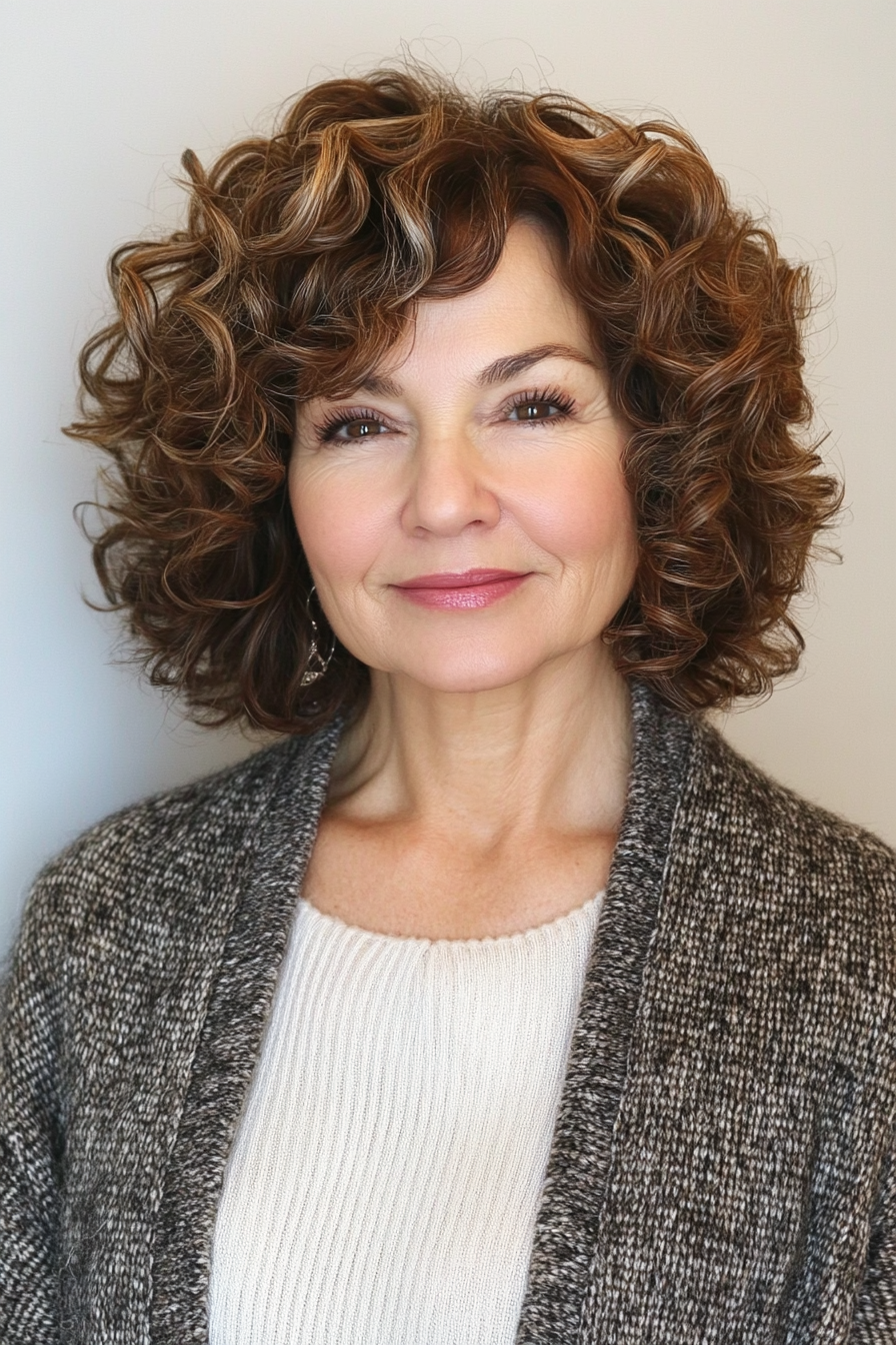 7. Mid-Length Curly Bob with Chestnut Brown (Curly Hairstyles For Older Women) - Curly Hairstyles For Older Women