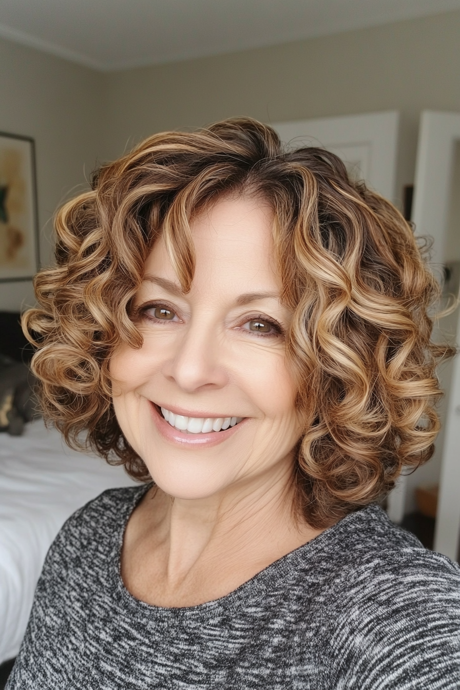 11. Soft Curly Bob with Caramel Brown (Curly Hairstyles For Older Women) - Curly Hairstyles For Older Women