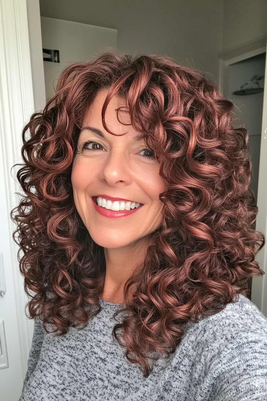 14. Tight Curly Lob with Mahogany Red (Curly Hairstyles For Older Women) - Curly Hairstyles For Older Women
