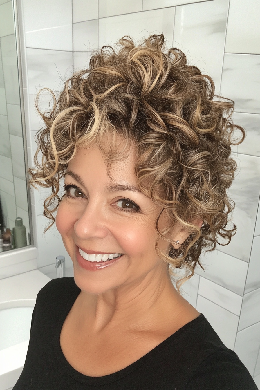 15. Curly Bun with Salt and Pepper Highlights (Curly Hairstyles For Older Women) - Curly Hairstyles For Older Women