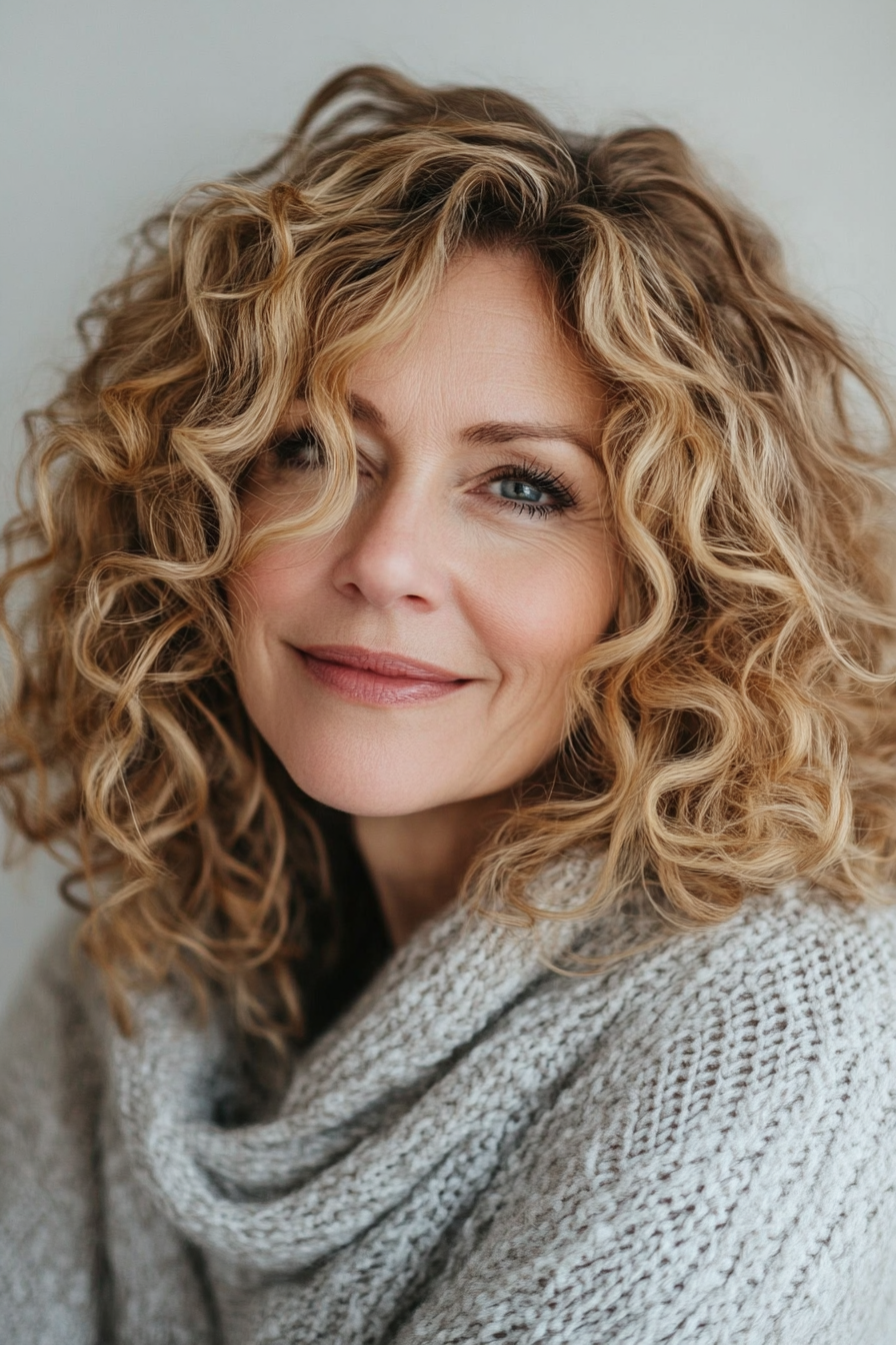16. Loose Curls with Soft Blonde Highlights (Curly Hairstyles For Older Women) - Curly Hairstyles For Older Women