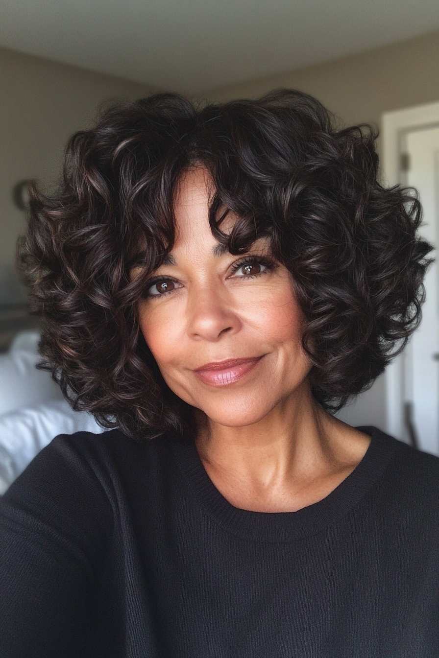 17. Curly A-Line Bob with Deep Brown (Curly Hairstyles For Older Women) - Curly Hairstyles For Older Women