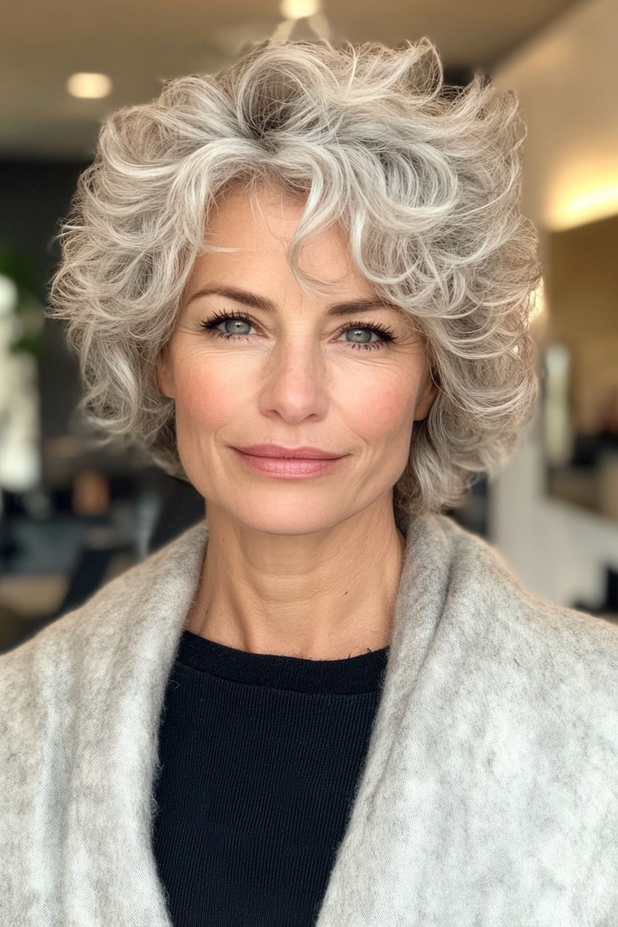 19. Short Curly Crop with Silver Ash (Curly Hairstyles For Older Women) - Curly Hairstyles For Older Women