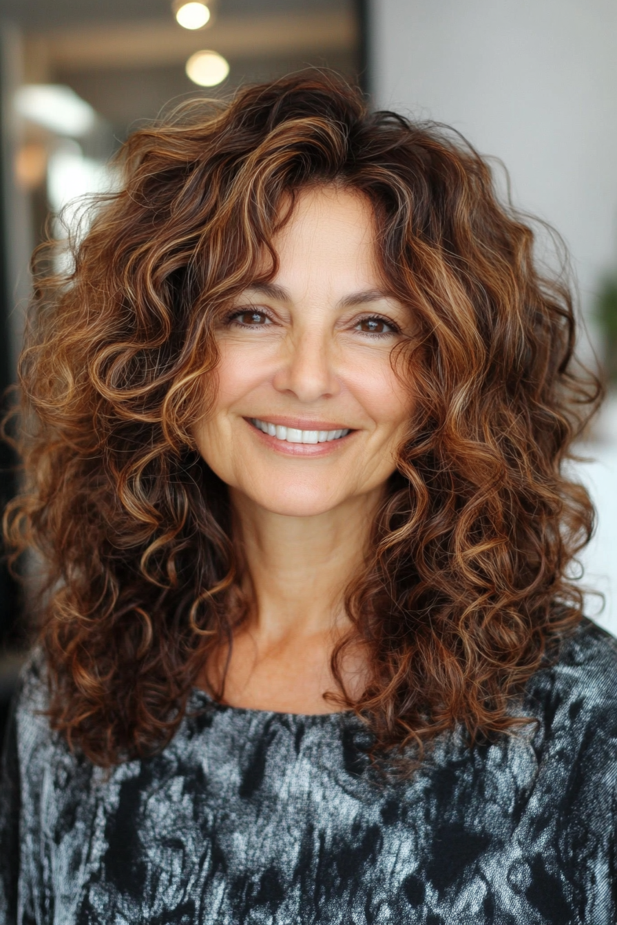 20. Medium Curly Waves with Dark Brown and Caramel (Curly Hairstyles For Older Women) - Curly Hairstyles For Older Women