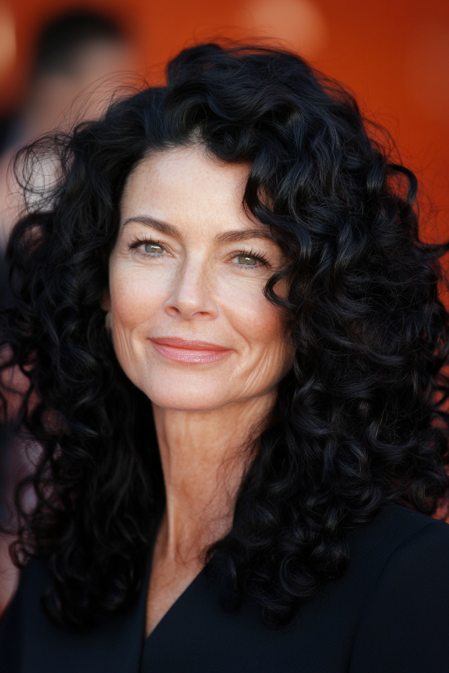 21. Curly Side-Parted Style with Rich Black (Curly Hairstyles For Older Women) - Curly Hairstyles For Older Women