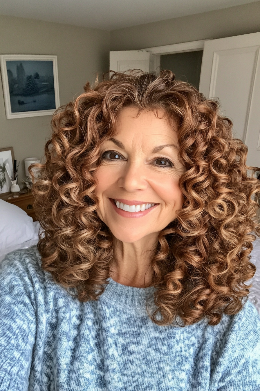22. Textured Curly Lob with Chestnut Brown (Curly Hairstyles For Older Women) - Curly Hairstyles For Older Women