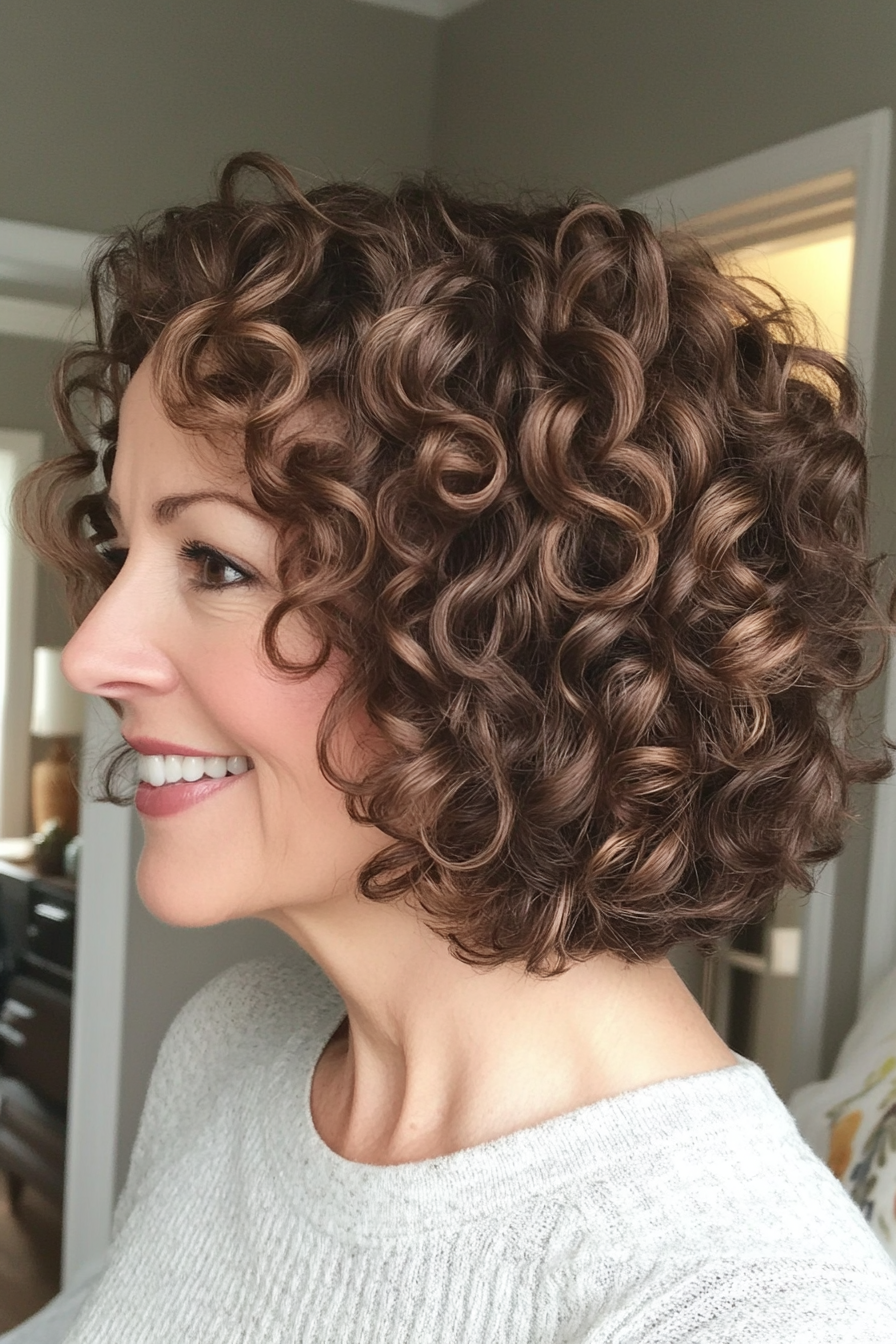 25. Classic Curly Bob with Soft Brown (Curly Hairstyles For Older Women) - Curly Hairstyles For Older Women