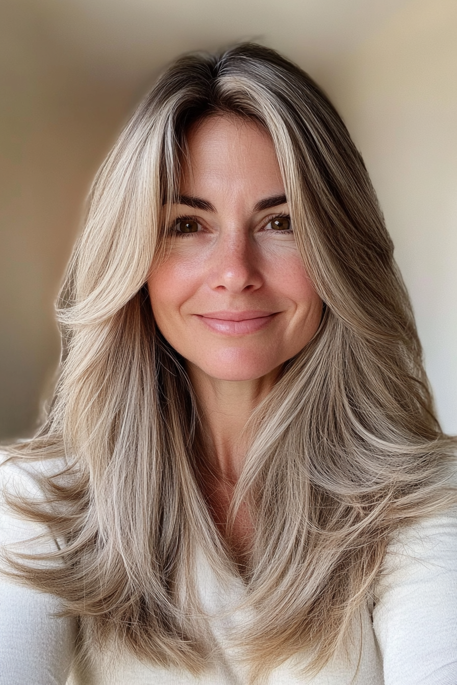 8. Long Layers with Highlights (Light Brown) (Haircuts Women Over 40) - Haircuts Women Over 40