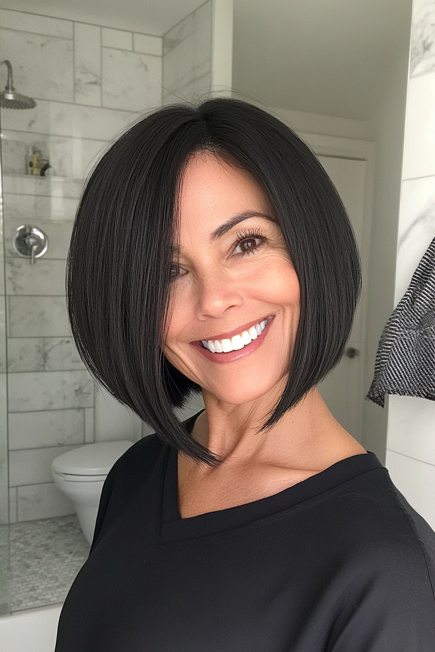 9. Bob with Asymmetrical Cut (Black with Subtle Highlights) (Haircuts Women Over 40) - Haircuts Women Over 40