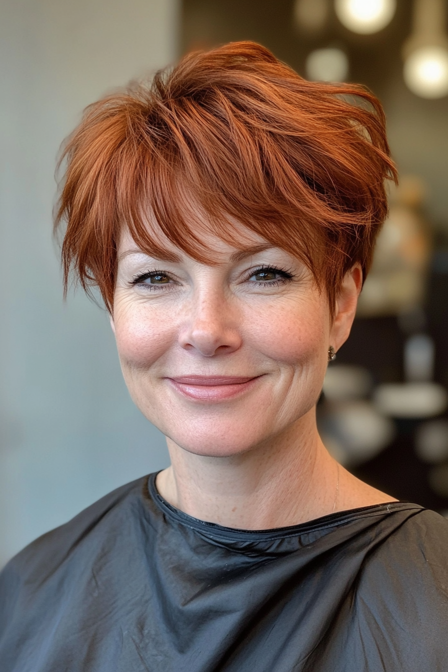 11. Textured Pixie with Longer Fringe (Dark Auburn) (Haircuts Women Over 40) - Haircuts Women Over 40