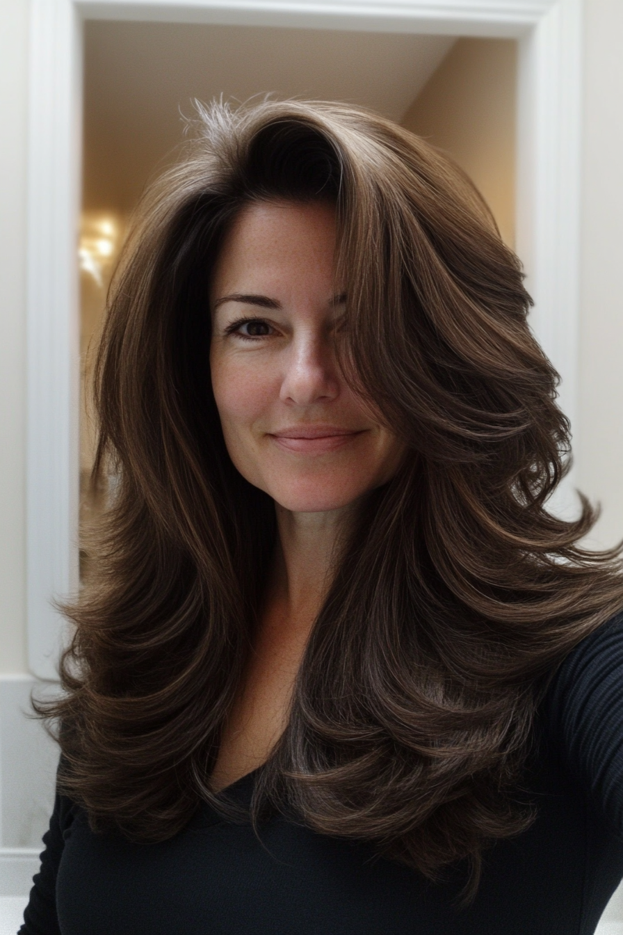 13. Long Shag with Curled Ends (Deep Brown) (Haircuts Women Over 40) - Haircuts Women Over 40