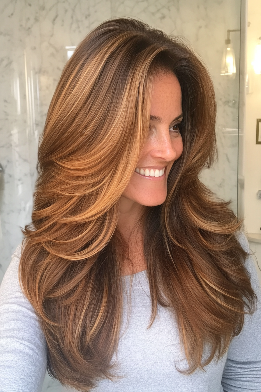 16. Long Layers with Balayage (Warm Chestnut) (Haircuts Women Over 40) - Haircuts Women Over 40