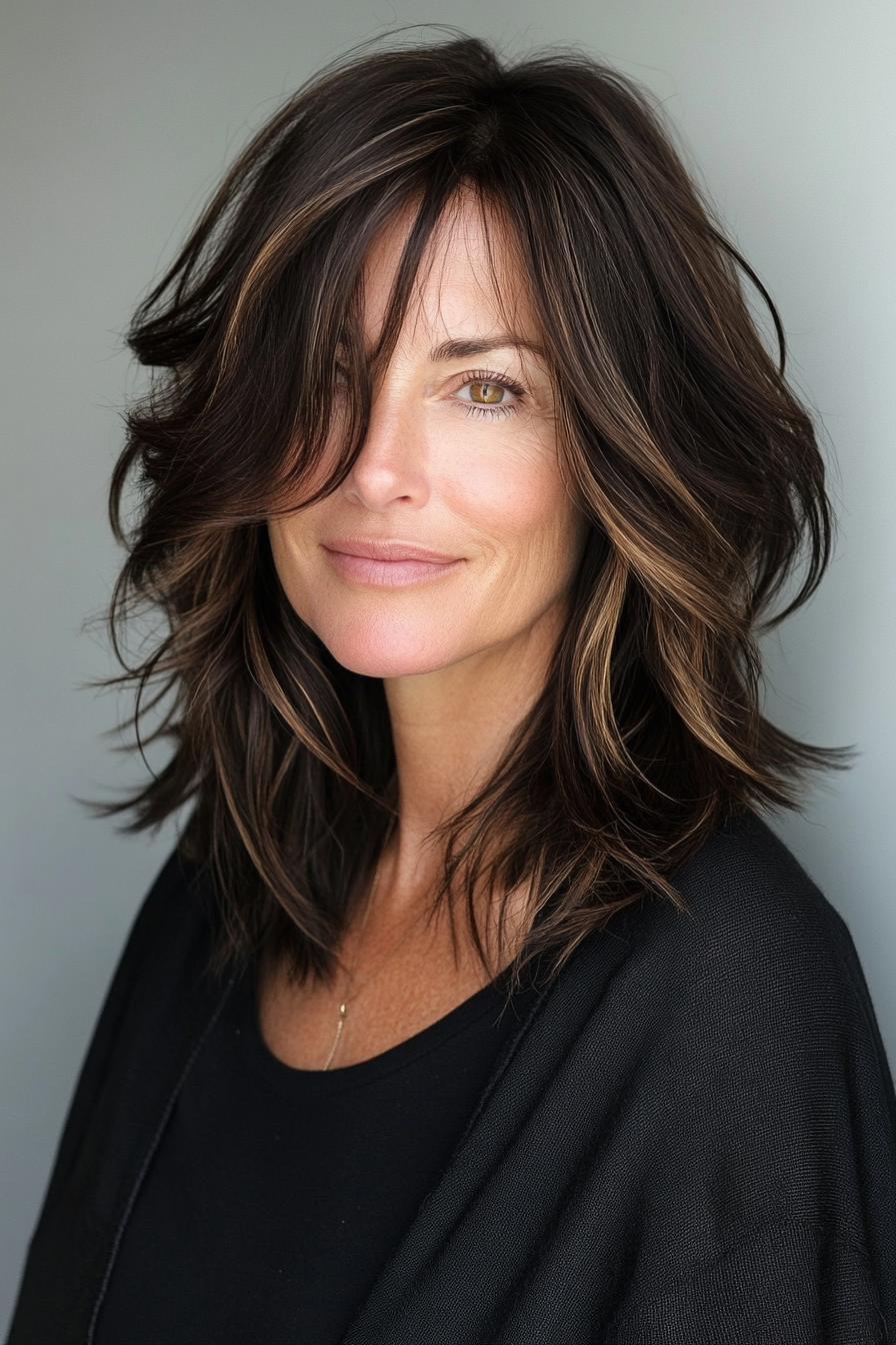 18. Modern Shag with Highlights (Dark Brown) (Haircuts Women Over 40) - Haircuts Women Over 40