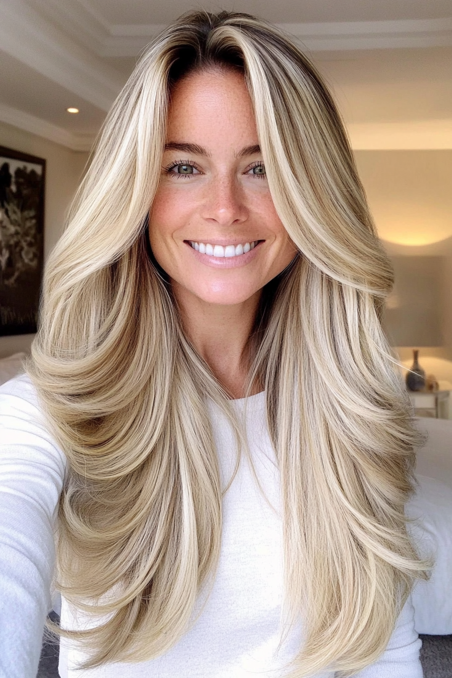 19. Softly Layered Long Hair (Medium Blonde) (Haircuts Women Over 40) - Haircuts Women Over 40