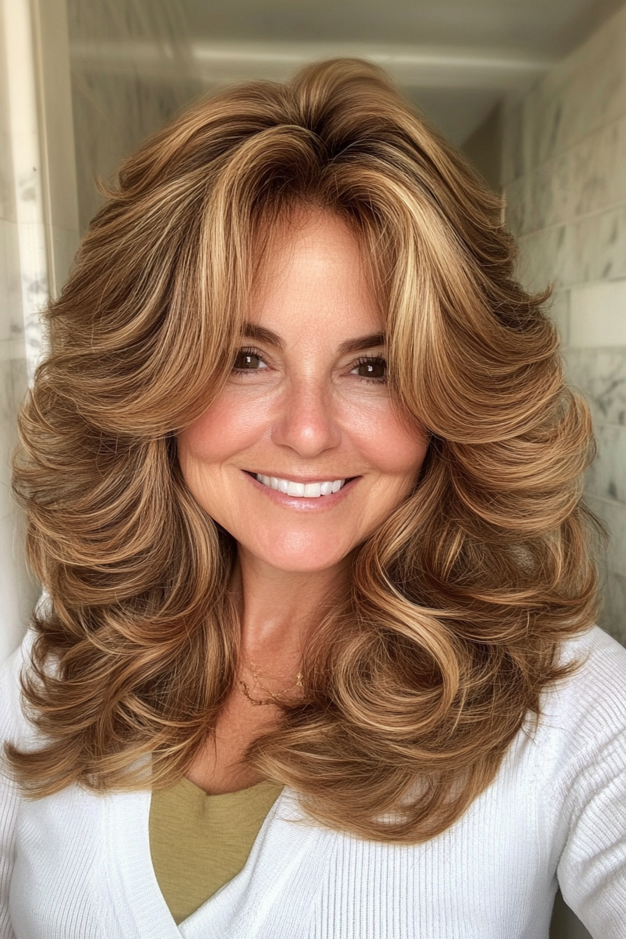 20. Voluminous Curls with Medium Layers (Light Brown) (Haircuts Women Over 40) - Haircuts Women Over 40