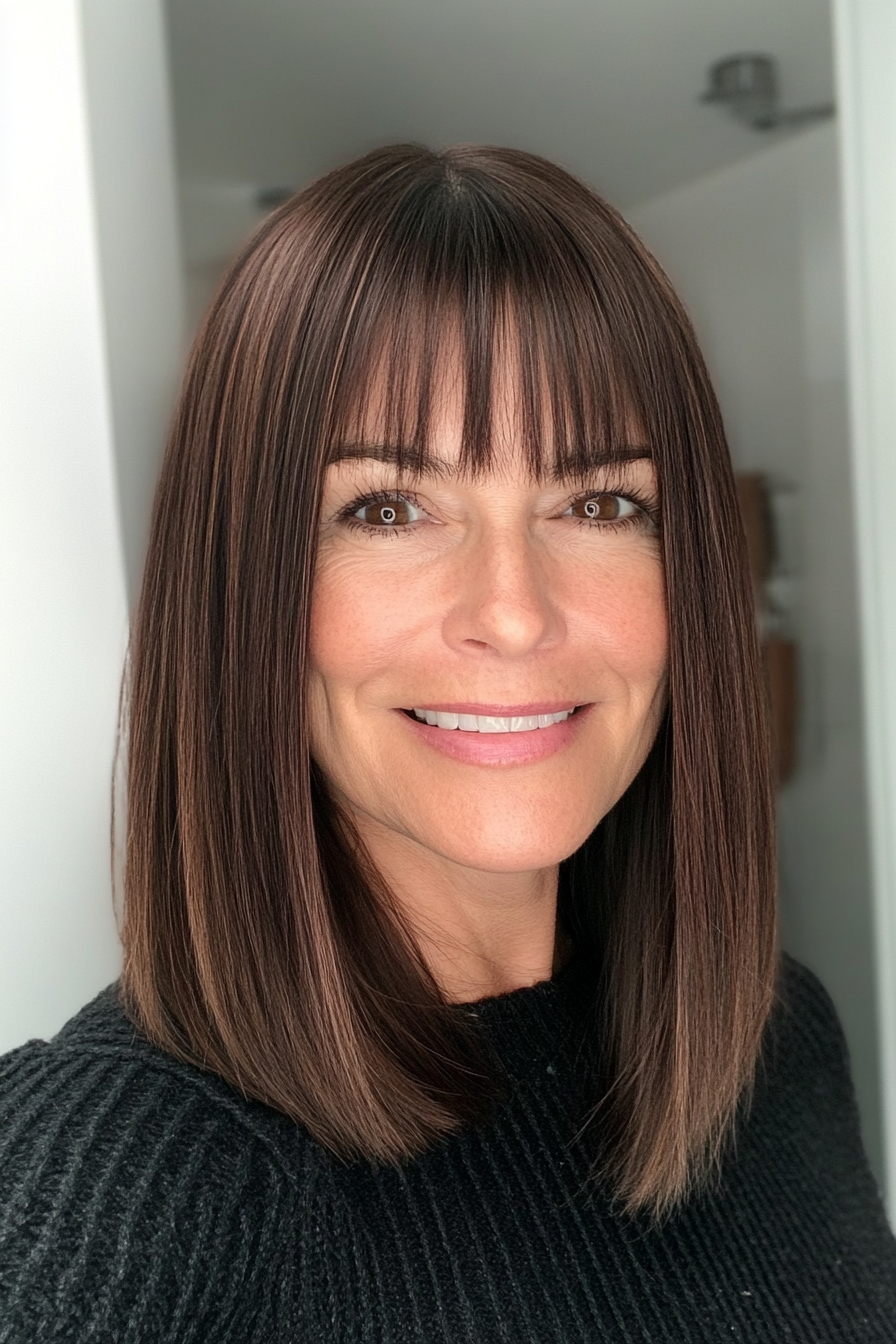 24. Blunt Cut with Long Fringe (Dark Brown with Highlights) (Haircuts Women Over 40) - Haircuts Women Over 40