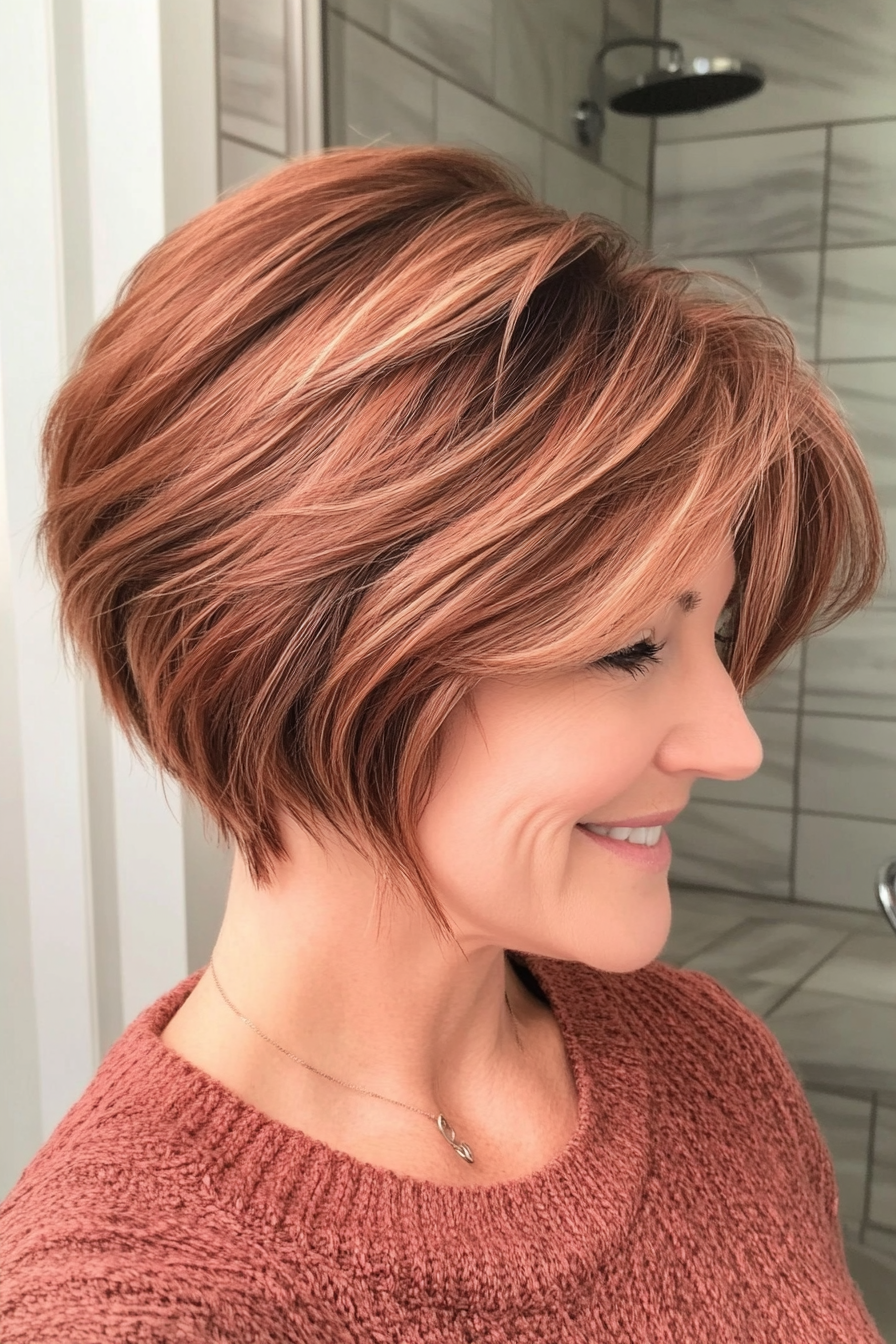 25. Layered Pixie Bob (Light Brown with Copper Highlights) (Haircuts Women Over 40) - Haircuts Women Over 40