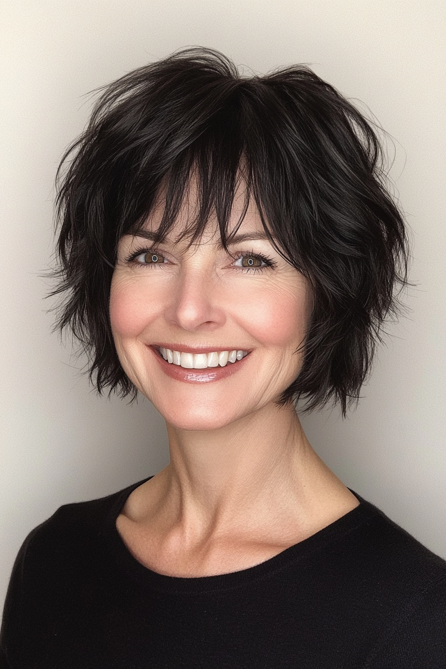 27. Short Shag with Bangs (Soft Black) (Haircuts Women Over 40) - Haircuts Women Over 40