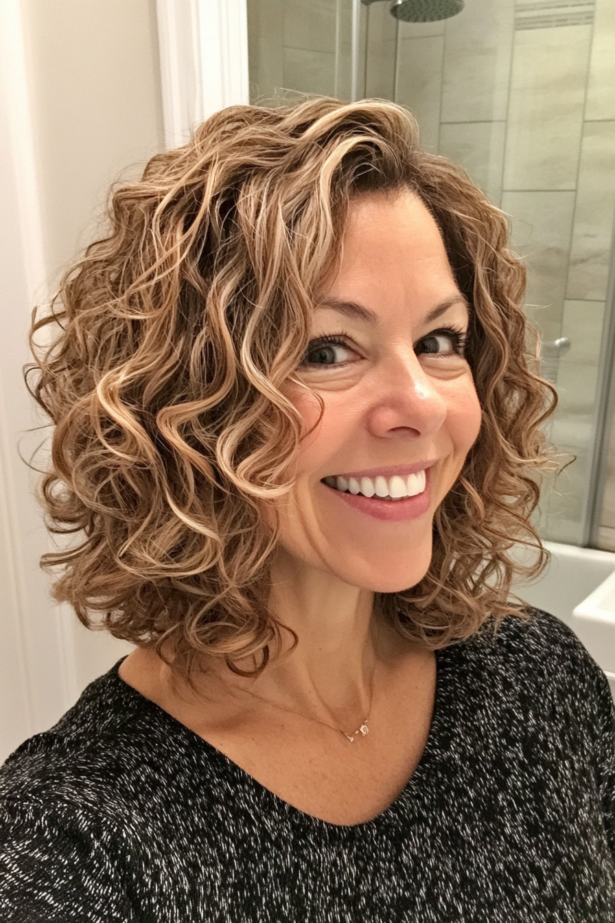 7. Curly Angled Bob with Balayage (Hairstyles For Women Over 50 With Curly Hair) - Hairstyles For Women Over 50 With Curly Hair