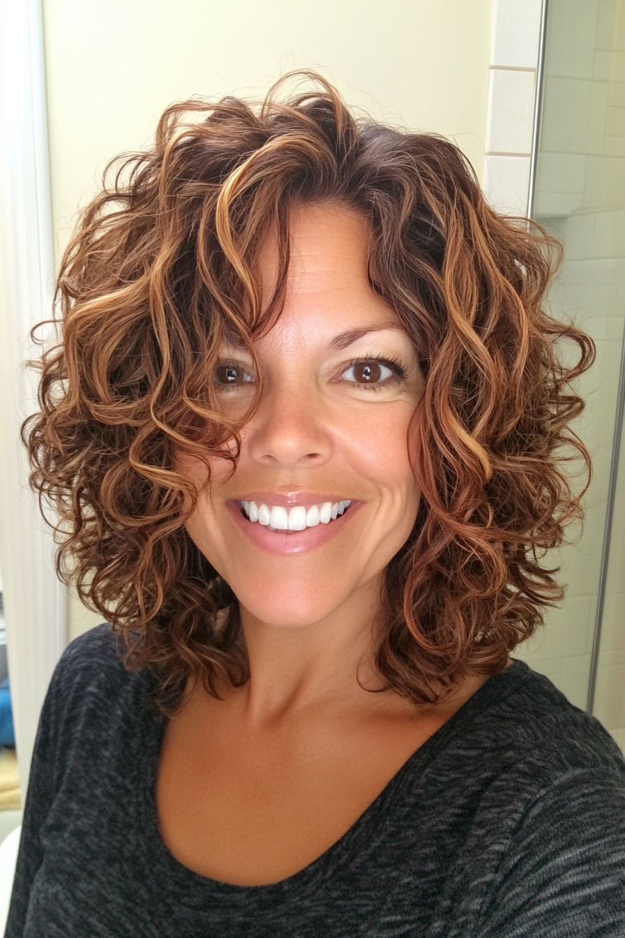 11. Tousled Curly Bob with Caramel Hues (Hairstyles For Women Over 50 With Curly Hair) - Hairstyles For Women Over 50 With Curly Hair