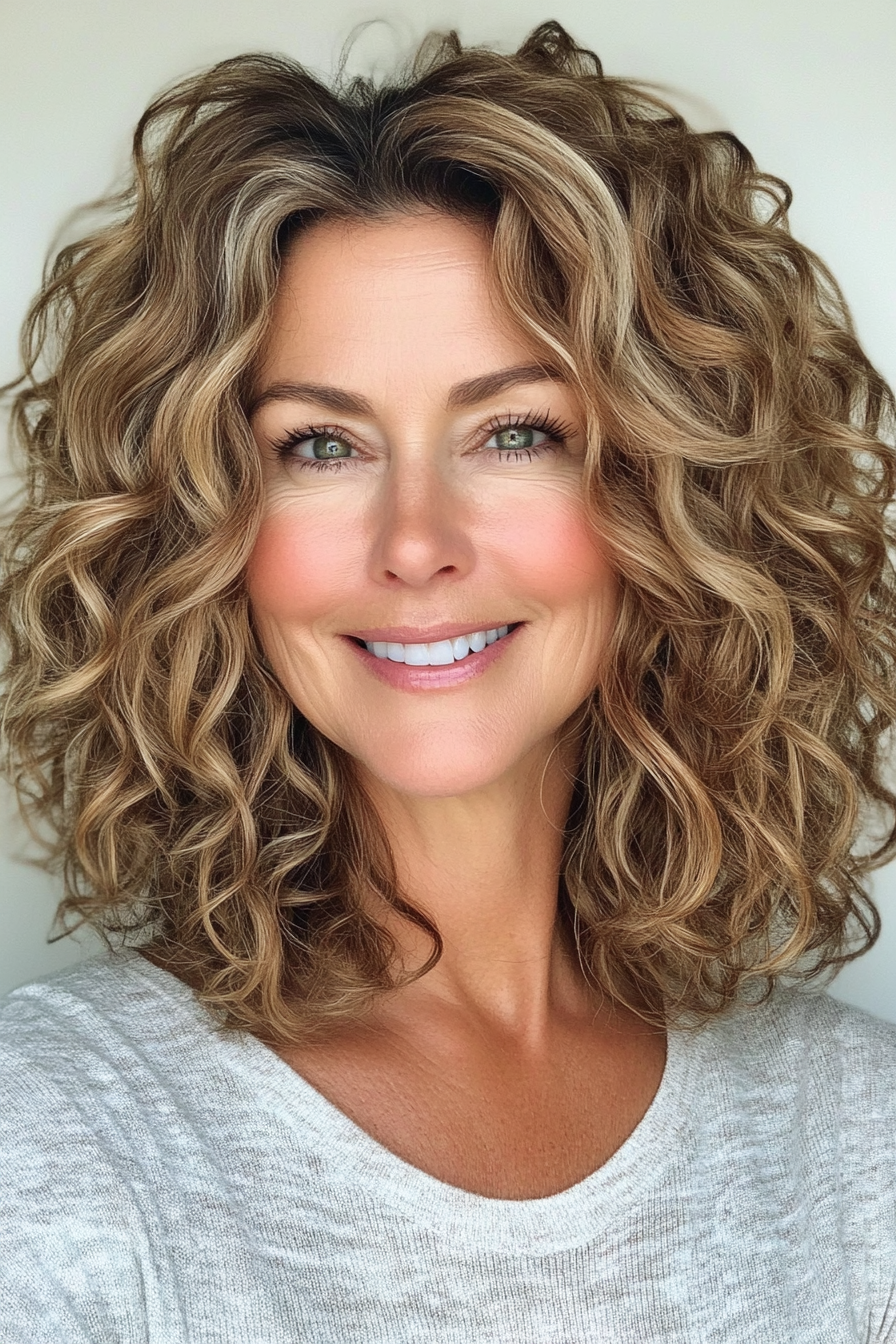20. Choppy Curly Lob with Blonde Tips (Hairstyles For Women Over 50 With Curly Hair) - Hairstyles For Women Over 50 With Curly Hair