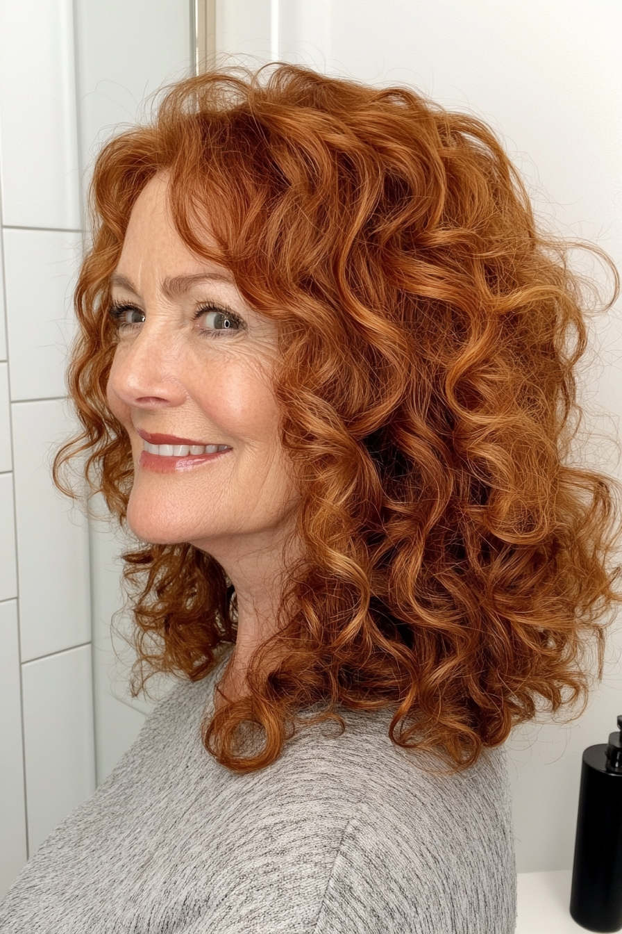 21. Curly Shag with Auburn Tones (Hairstyles For Women Over 50 With Curly Hair) - Hairstyles For Women Over 50 With Curly Hair