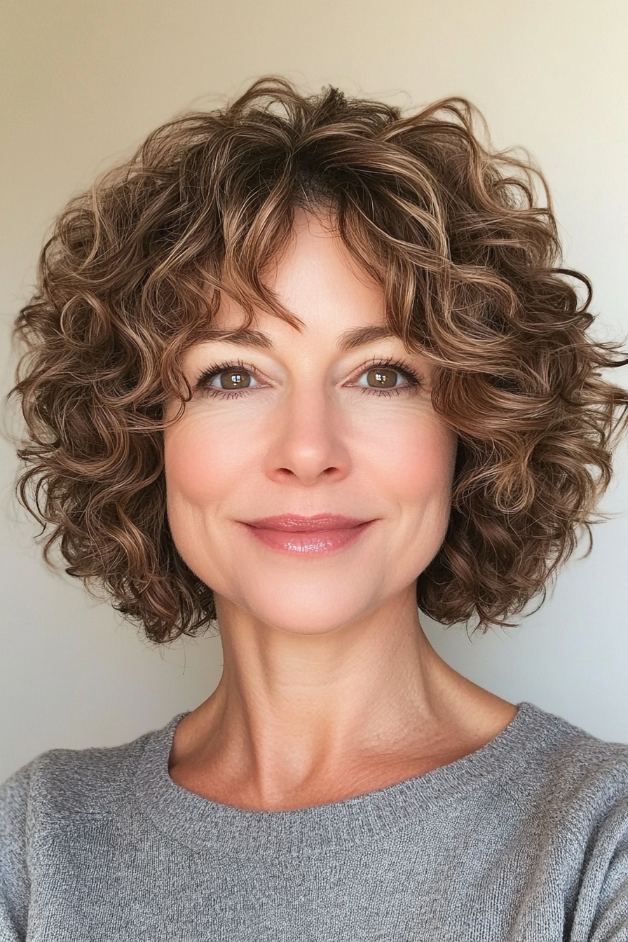 22. Textured Curly Bob with Ash Brown (Hairstyles For Women Over 50 With Curly Hair) - Hairstyles For Women Over 50 With Curly Hair