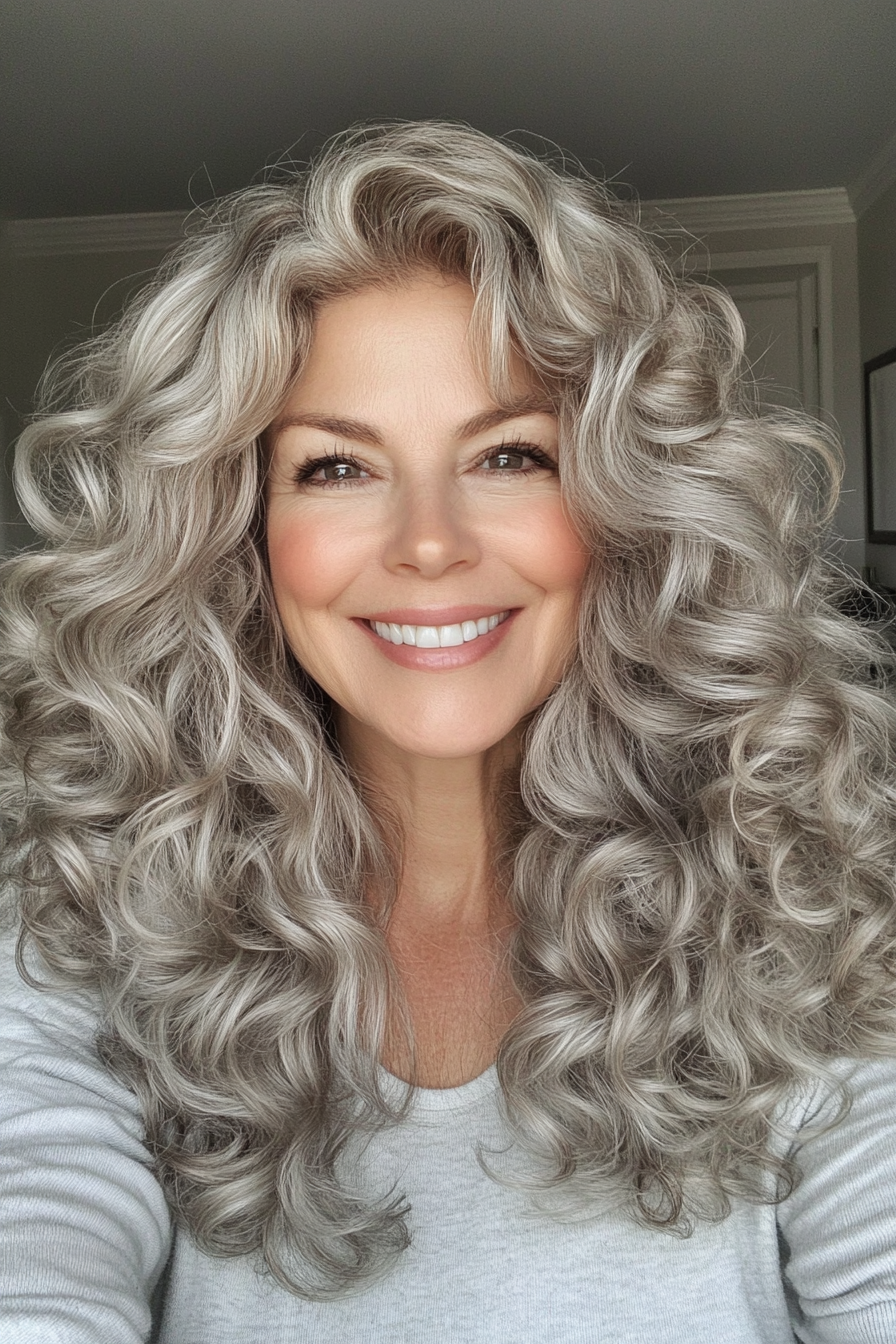 23. Bouncy Curly Cut with Platinum Highlights (Hairstyles For Women Over 50 With Curly Hair) - Hairstyles For Women Over 50 With Curly Hair