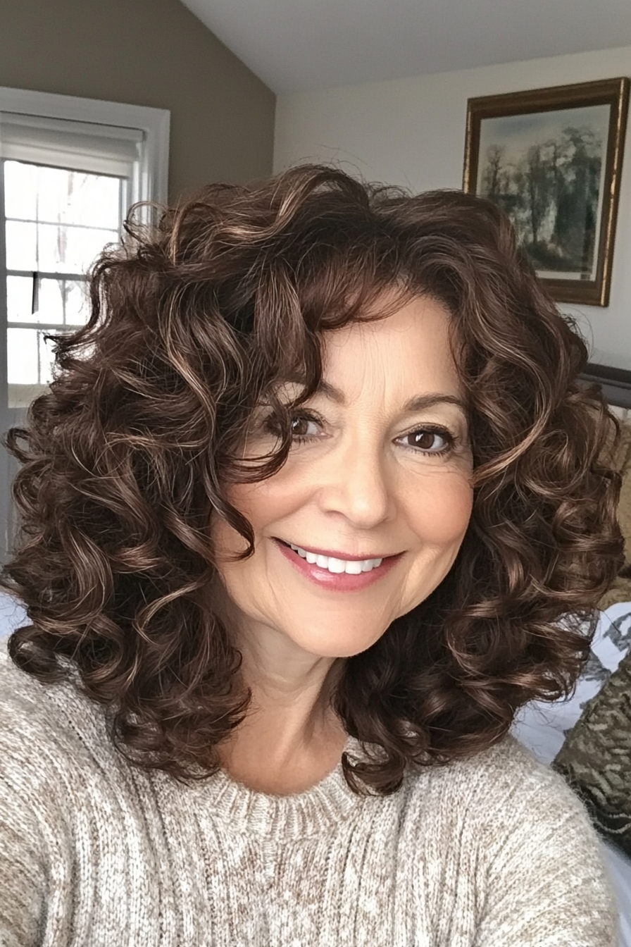 24. Layered Curly Cut with Deep Brown Tones (Hairstyles For Women Over 50 With Curly Hair) - Hairstyles For Women Over 50 With Curly Hair