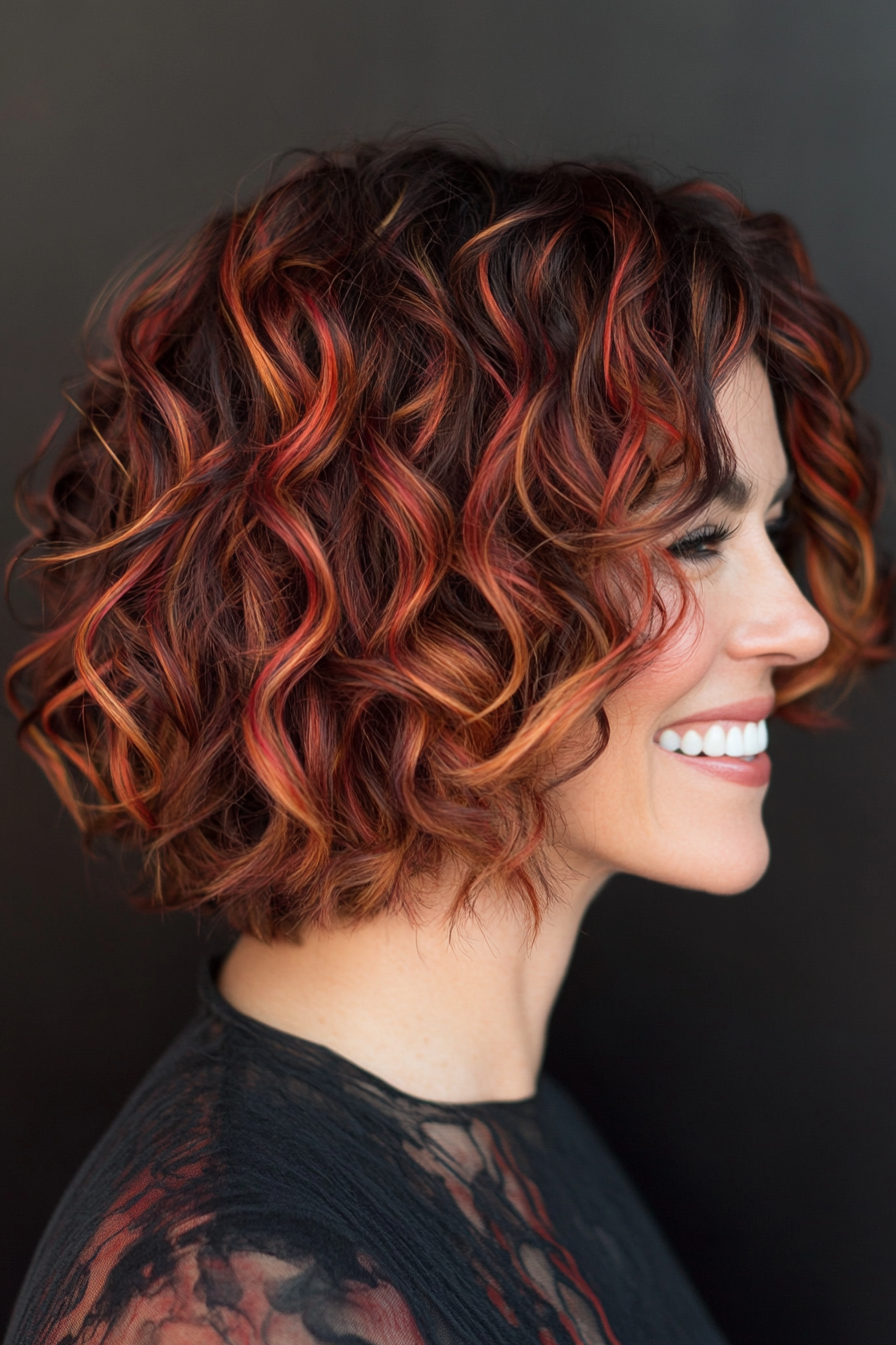 25. Side-Swept Curly Bob with Red Highlights (Hairstyles For Women Over 50 With Curly Hair) - Hairstyles For Women Over 50 With Curly Hair