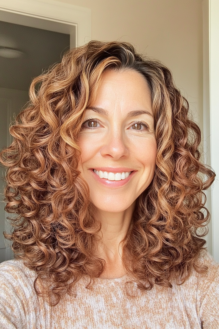 27. Curly High-Low Bob with Cinnamon Accents (Hairstyles For Women Over 50 With Curly Hair) - Hairstyles For Women Over 50 With Curly Hair