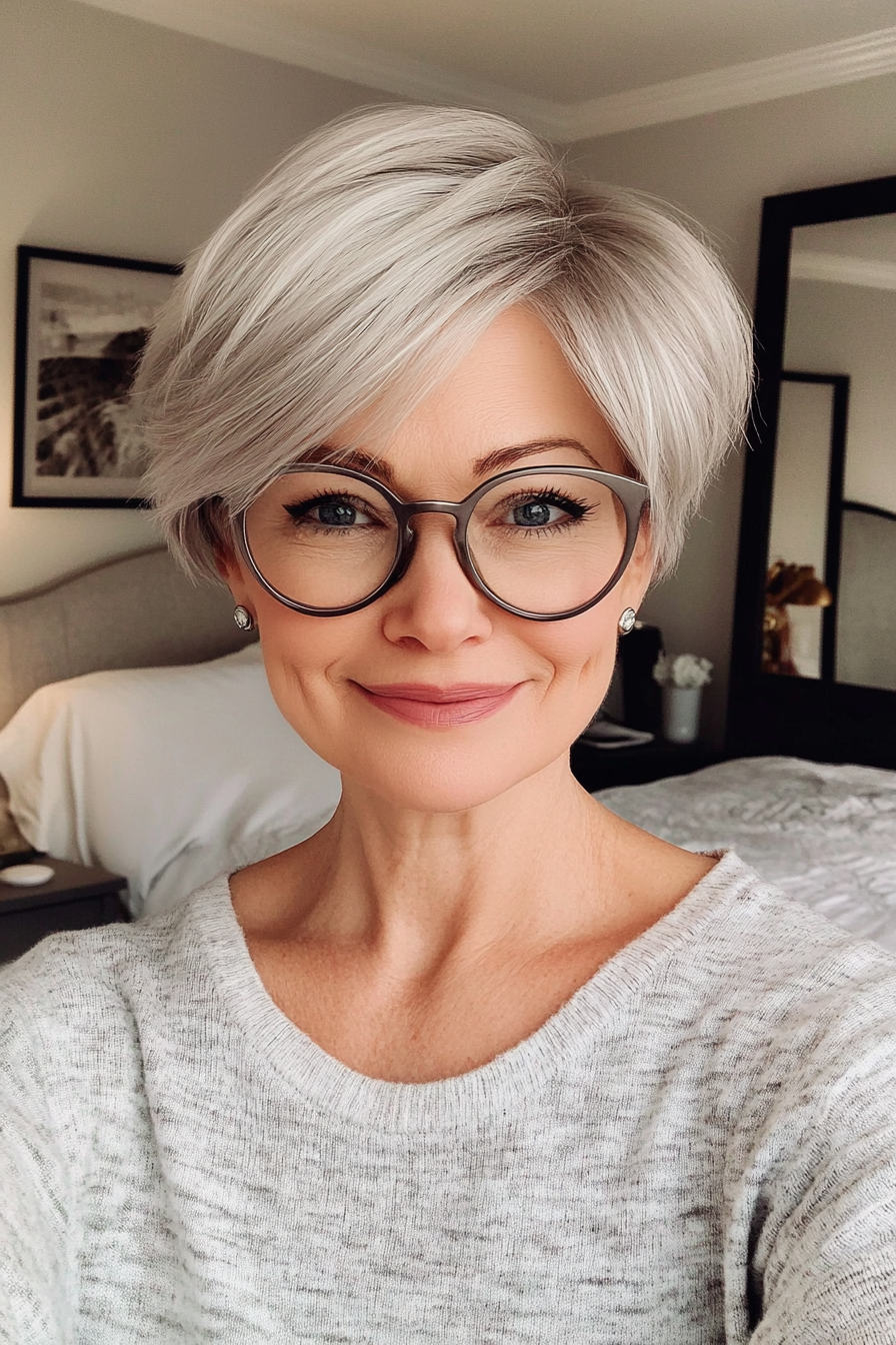 1. Soft Silver Pixie with Layers (Pixie Haircuts For Older Women With Glasses) - Pixie Haircuts For Older Women With Glasses