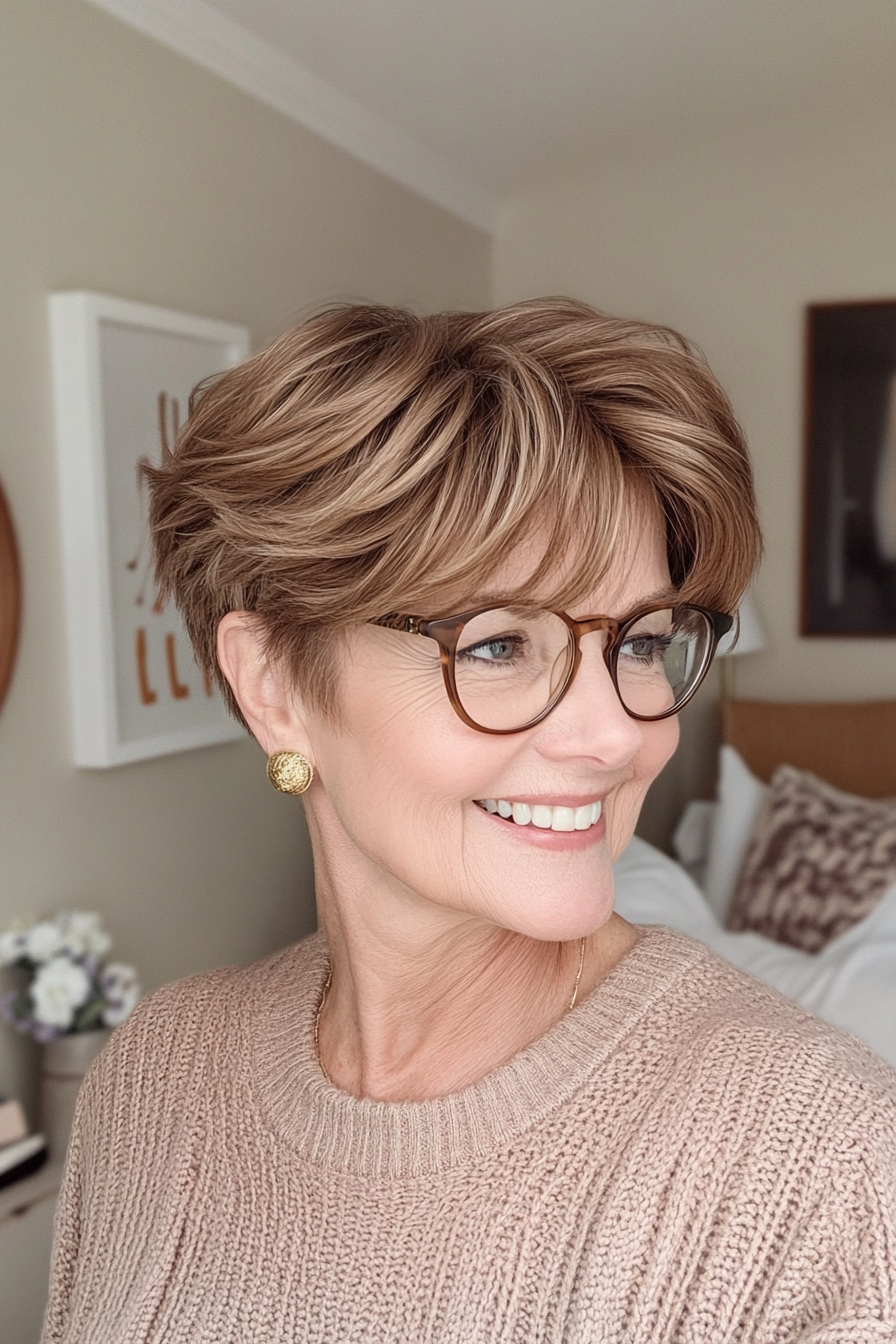 5. Soft Brown Pixie with Side-Swept Bangs (Pixie Haircuts For Older Women With Glasses) - Pixie Haircuts For Older Women With Glasses