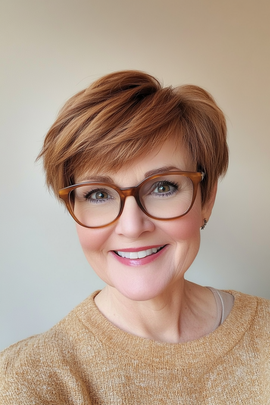 6. Warm Chestnut Layered Pixie (Pixie Haircuts For Older Women With Glasses) - Pixie Haircuts For Older Women With Glasses