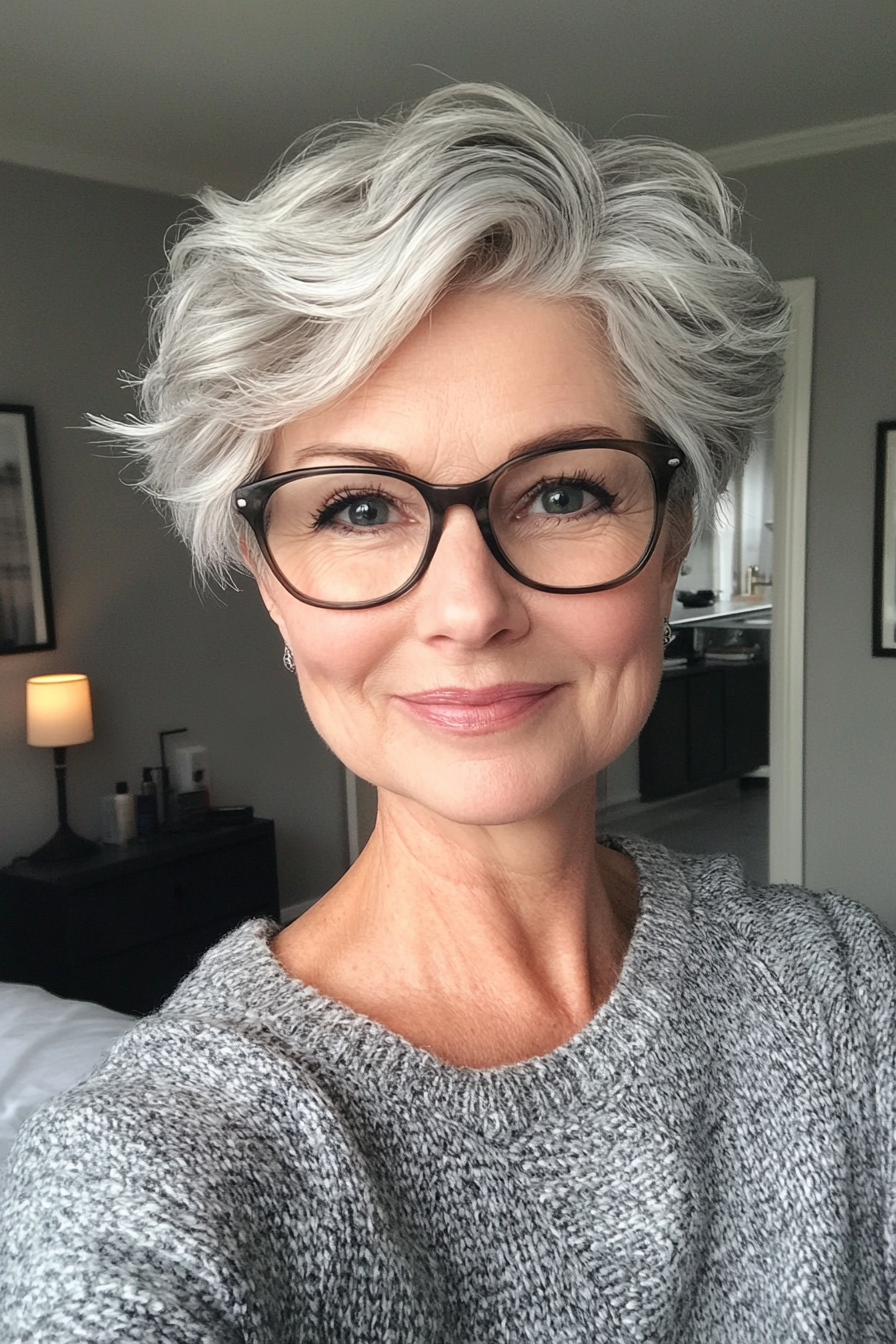 7. Silver-Gray Pixie with Soft Waves (Pixie Haircuts For Older Women With Glasses) - Pixie Haircuts For Older Women With Glasses