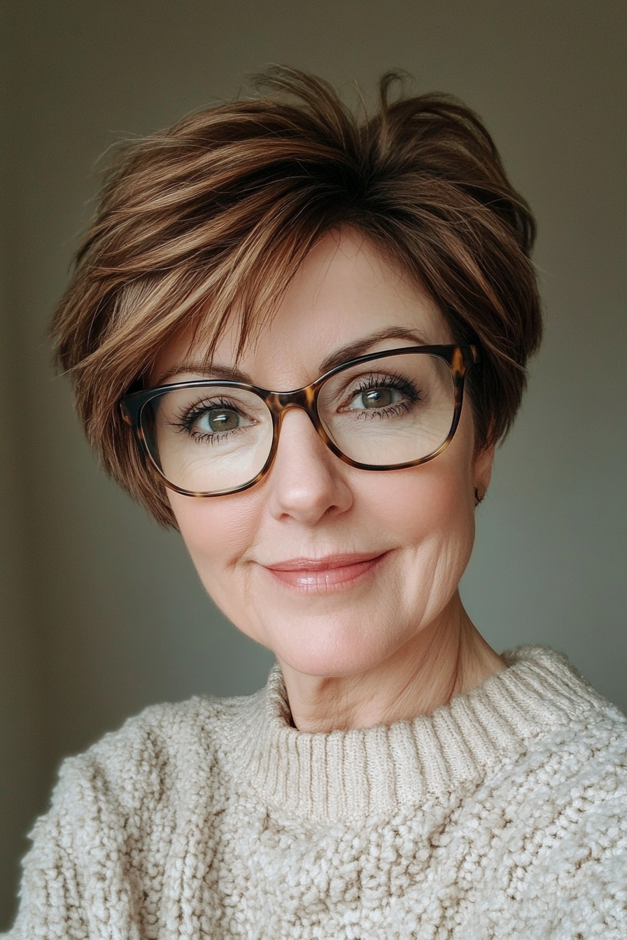 8. Ash Brown Pixie with Textured Ends (Pixie Haircuts For Older Women With Glasses) - Pixie Haircuts For Older Women With Glasses