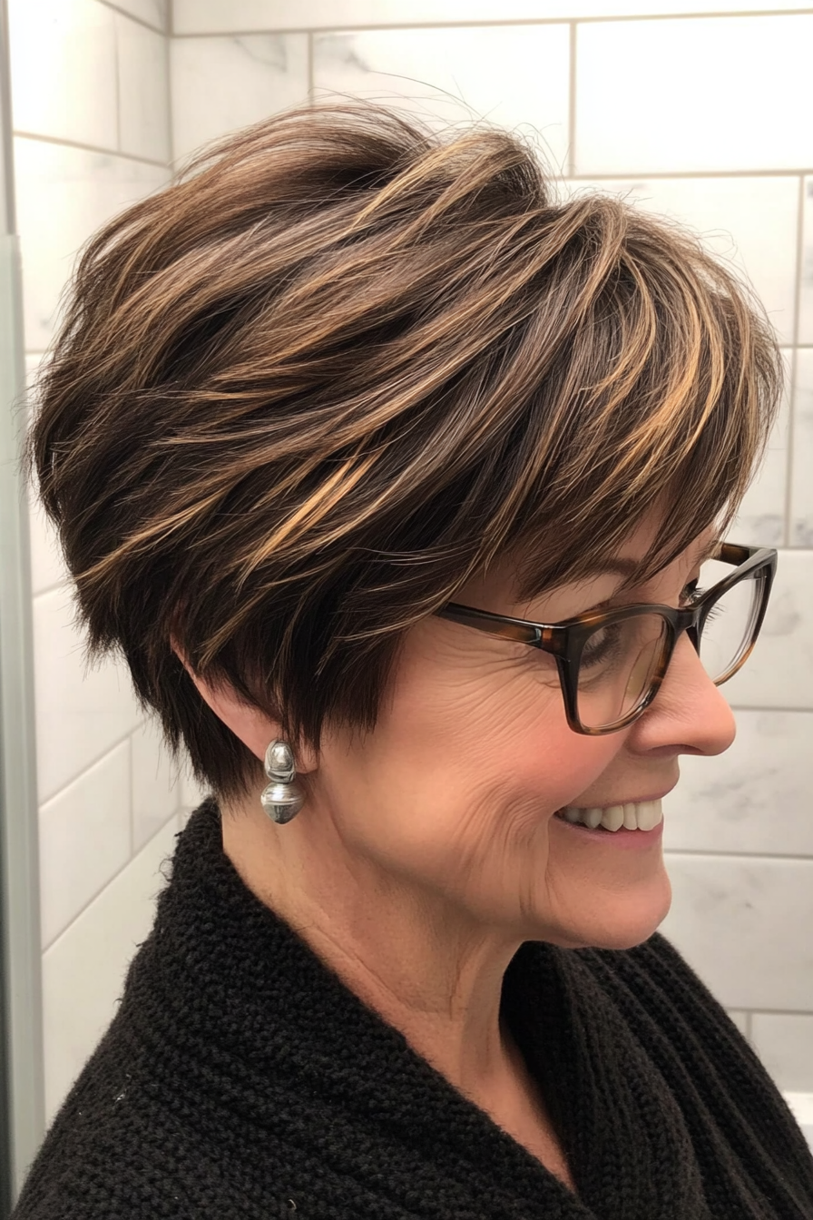 9. Dark Brown Layered Pixie with Highlights (Pixie Haircuts For Older Women With Glasses) - Pixie Haircuts For Older Women With Glasses