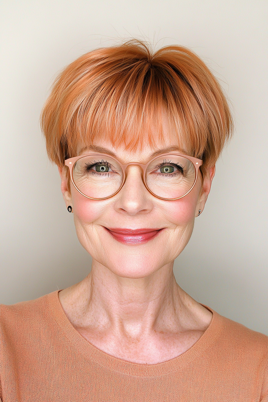 10. Soft Copper Pixie with Bangs (Pixie Haircuts For Older Women With Glasses) - Pixie Haircuts For Older Women With Glasses