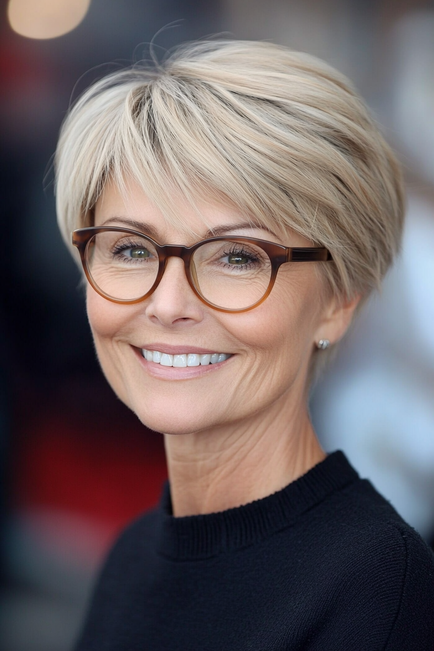 11. Warm Blonde Pixie with Side Layers (Pixie Haircuts For Older Women With Glasses) - Pixie Haircuts For Older Women With Glasses