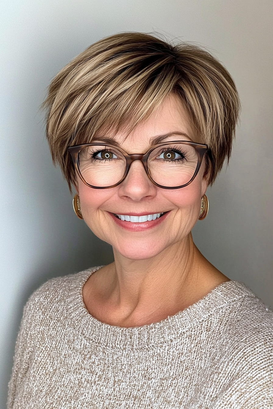 12. Golden Brown Pixie with Pointed Layers (Pixie Haircuts For Older Women With Glasses) - Pixie Haircuts For Older Women With Glasses