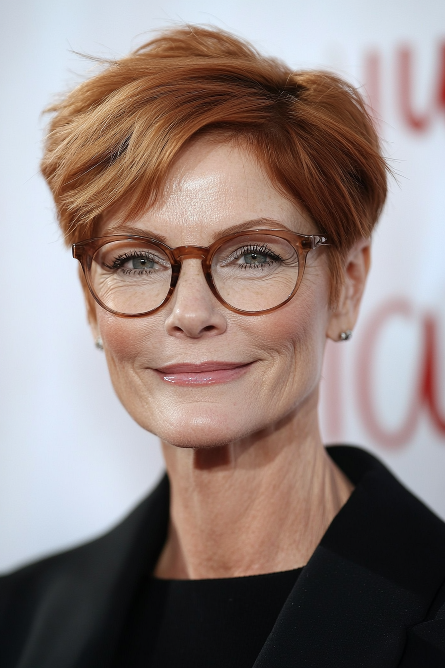 13. Light Auburn Pixie with Front Layers (Pixie Haircuts For Older Women With Glasses) - Pixie Haircuts For Older Women With Glasses