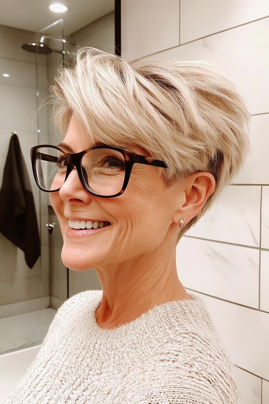 14. Dark Blonde Pixie with Flipped Ends (Pixie Haircuts For Older Women With Glasses) - Pixie Haircuts For Older Women With Glasses