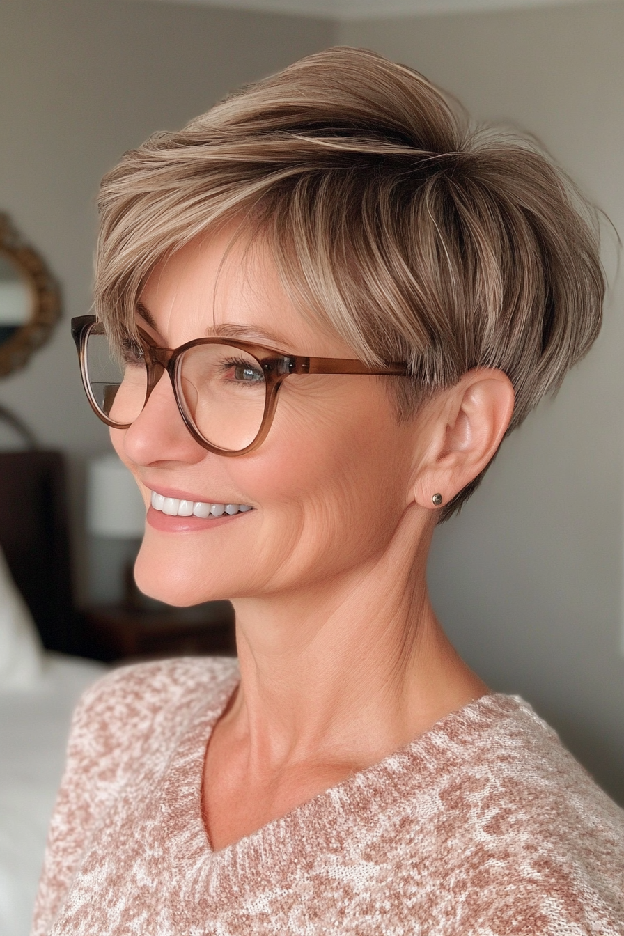 16. Light Brown Pixie with Choppy Layers (Pixie Haircuts For Older Women With Glasses) - Pixie Haircuts For Older Women With Glasses