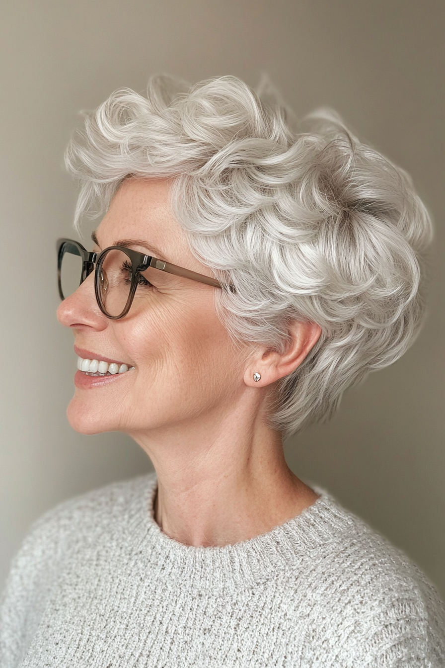17. Silver White Pixie with Soft Curls (Pixie Haircuts For Older Women With Glasses) - Pixie Haircuts For Older Women With Glasses