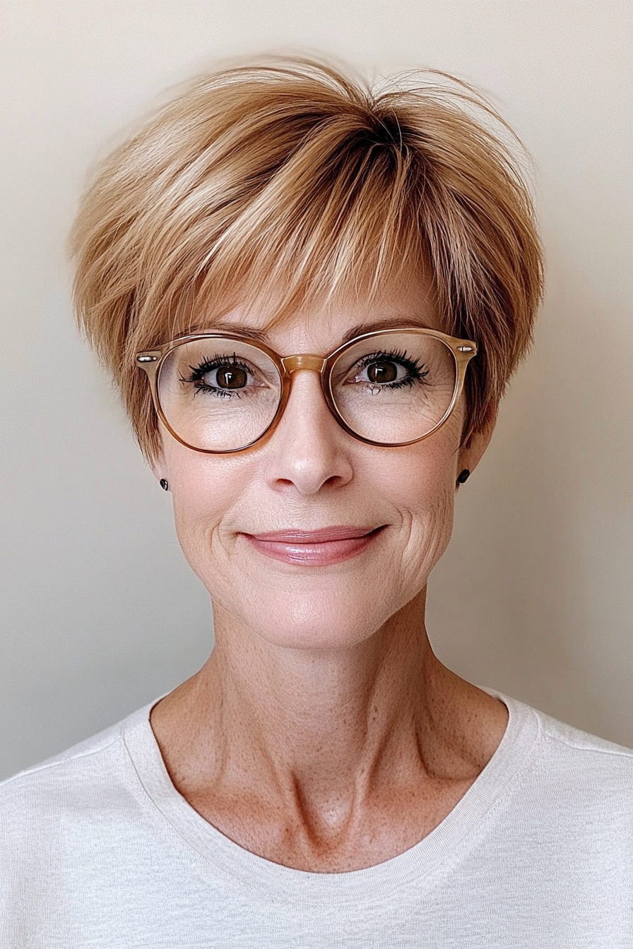 18. Warm Honey Pixie with Feathered Layers (Pixie Haircuts For Older Women With Glasses) - Pixie Haircuts For Older Women With Glasses