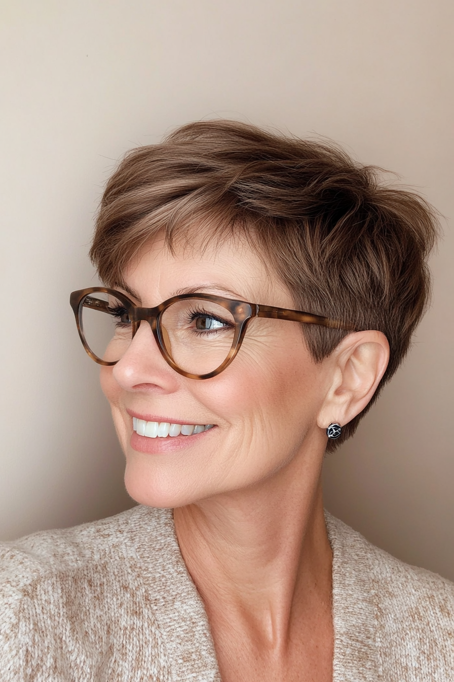 19. Medium Brown Pixie with Textured Sides (Pixie Haircuts For Older Women With Glasses) - Pixie Haircuts For Older Women With Glasses