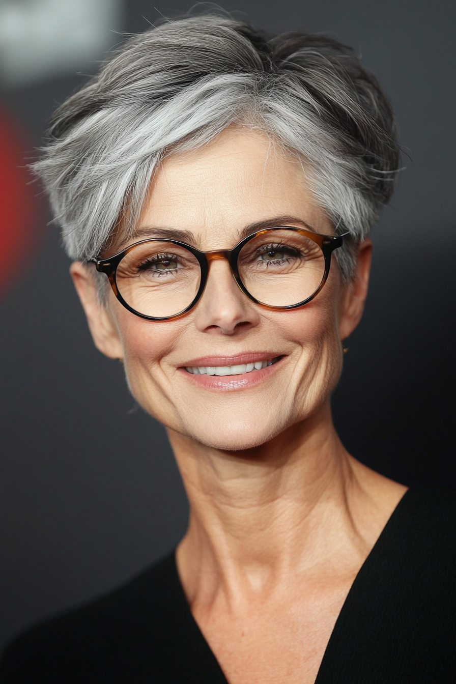 20. Salt and Pepper Pixie with Tapered Sides (Pixie Haircuts For Older Women With Glasses) - Pixie Haircuts For Older Women With Glasses