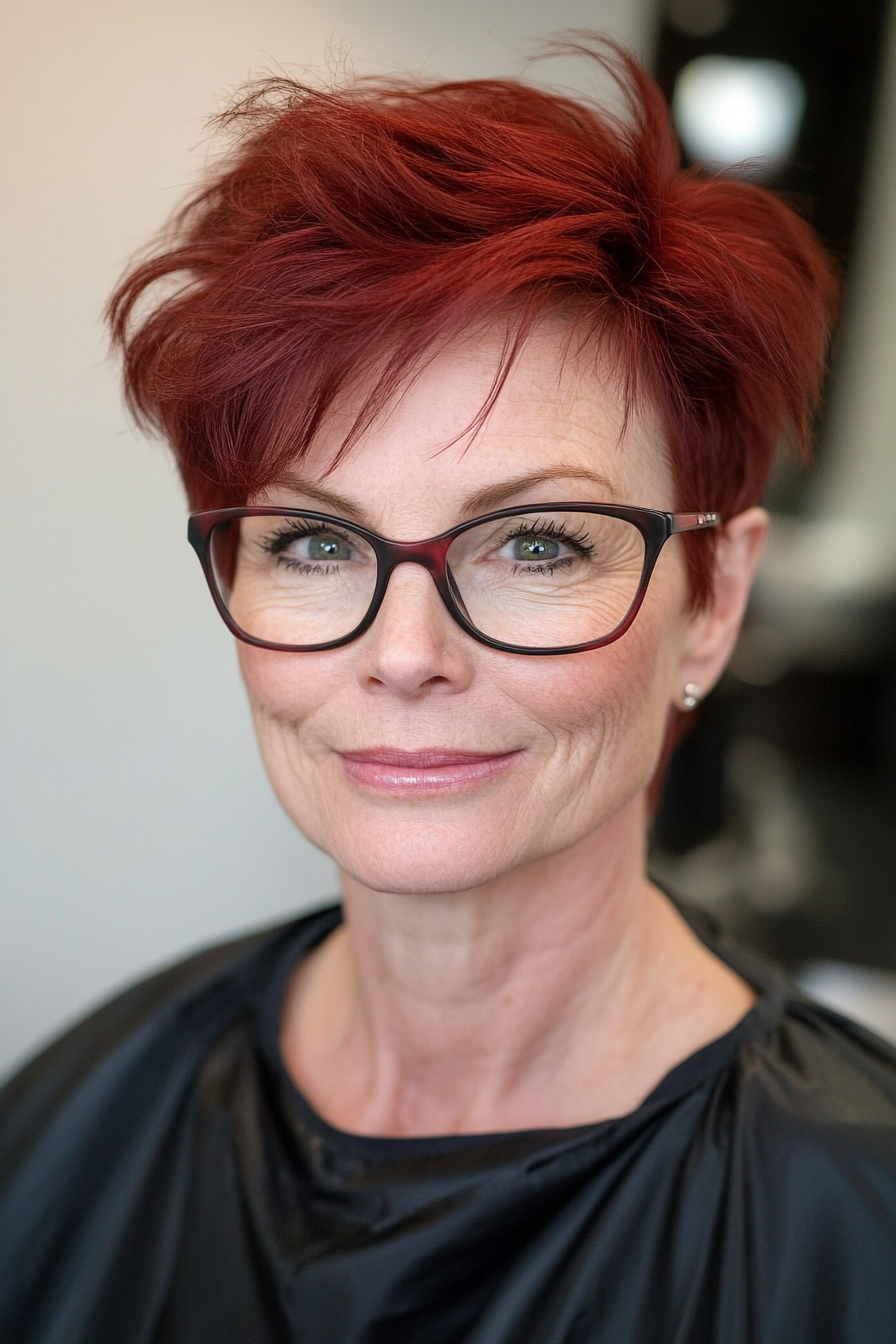 21. Dark Red Pixie with Volume at the Crown (Pixie Haircuts For Older Women With Glasses) - Pixie Haircuts For Older Women With Glasses