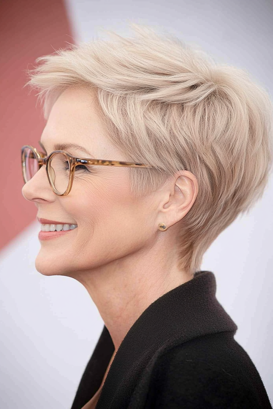 22. Soft Beige Pixie with Subtle Layers (Pixie Haircuts For Older Women With Glasses) - Pixie Haircuts For Older Women With Glasses
